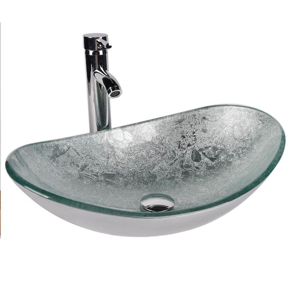 Bathroom Oval Glass Vessel Sink with Faucet in Silver