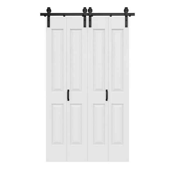 48 in. x 84 in. Paneled 4-Lite White Primed Hollow Core MDF Composite Bi-fold Door with Bifold Barn Door Hardware