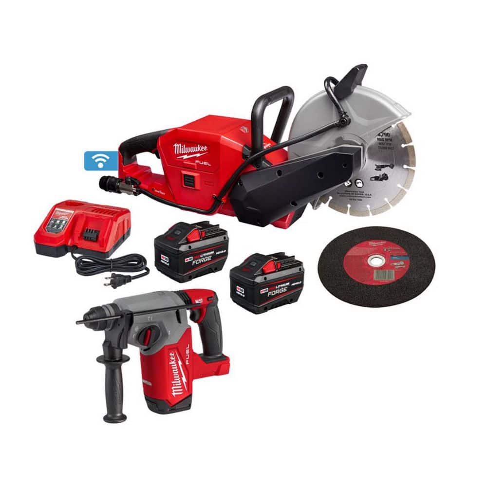 MILWAUKEE M18 FUEL ONE-KEY 18V Lith-Ion Brushless Cordless 9 in. Cut Off Saw Kit W/(2) 12. 0Ah Batteries & Charger & Rotary Hammer (2786-22HD-2)