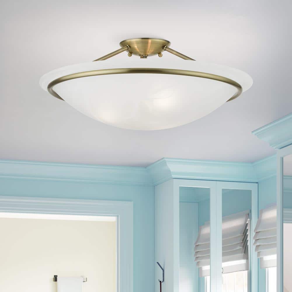 Antique Brass 3-Light Semi-Flush Mount with Alabaster Glass
