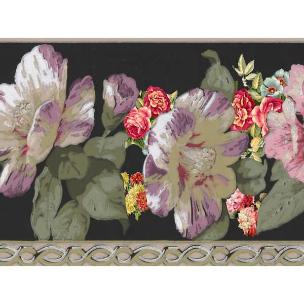Falkirk Dandy II Pink Black Green Flowers Floral Peel and Stick Wallpaper Border