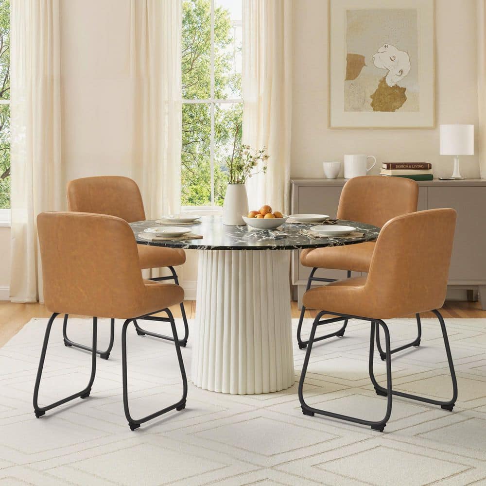 Sled Base Iron PU Leather Dining Chair, Light Brown Faux Leather Upholstered Dining Side Chair (4-Pack) price history on PriceWatchPro