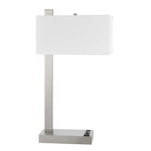 25 in. Nickel Metal Desk Usb Table Lamp with White Rectangular Shade