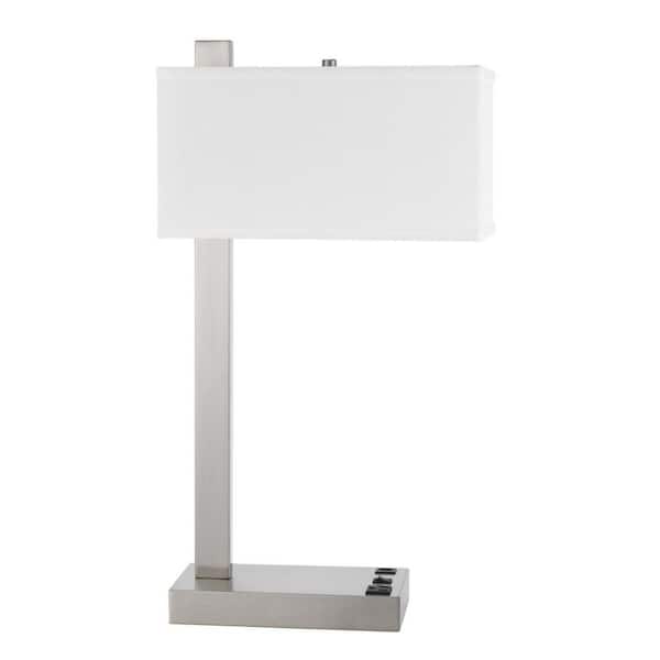 HomeRoots 25 in. Nickel Metal Desk Usb Table Lamp with White Rectangular Shade