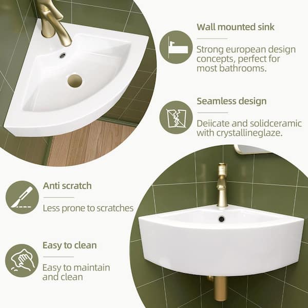 13 in. White Ceramic Corner Wall Mounted RV Bathroom Sink Modern Above Counter Bath Small Mini Sink with Overflow