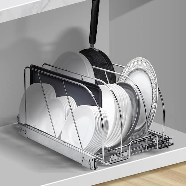8. 5 in. Expandable Pull-Out Pan and Standing Pot Rack, Adjustable Wire Dividers, Silver Steel Lid Holder for Kitchen