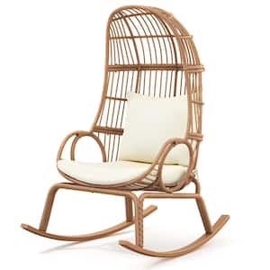 Brown Wicker Patio Outdoor Indoor Basket Narrow Cocoon Outdoor Rocking Chair Egg Chair with Beige Cushion