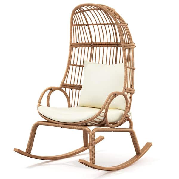 DEXTRUS Brown Wicker Patio Outdoor Indoor Basket Narrow Cocoon Outdoor Rocking Chair Egg Chair with Beige Cushion
