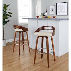 Cassis 29.5 in. Cream Faux Leather, Walnut Wood and Chrome Metal Fixed-Height Bar Stool (Set of 2)
