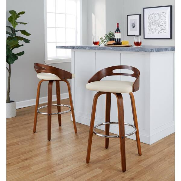 Lumisource Cassis 29.5 in. Cream Faux Leather, Walnut Wood and Chrome Metal Fixed-Height Bar Stool (Set of 2)