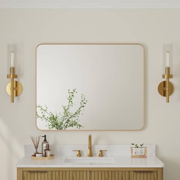 ANGELES HOME 40 in. x 32 in. Retangular Framed Wall Bathroom Vanity Mirror Decor Mirror in Brushed Gold