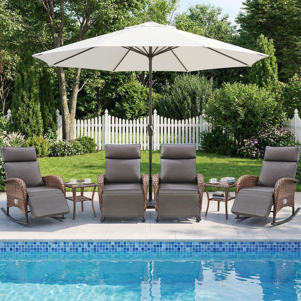 Carlos Brown 6-Piece Wicker Patio Lounge Rocking Chair Set Outdoor Recliner Day Bed with Gray Cushions, Side Tables price history on PriceWatchPro
