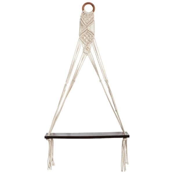 Nearly Natural 5 in. x 25 in. x 16 in. Cream Macrame and Wood Wall Hanging with Shelf