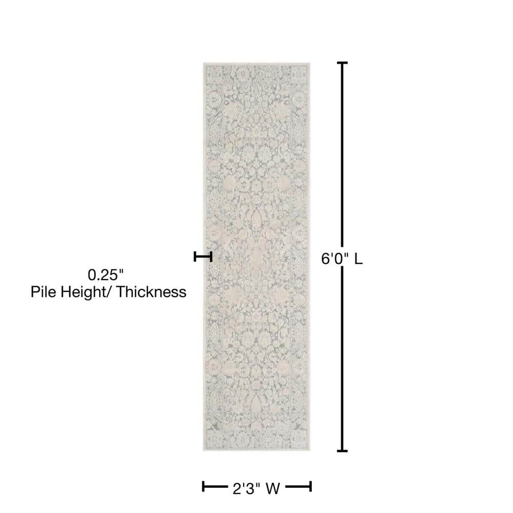 Light Grey and Cream Floral Synthetic Runner Rug, 2'3" x 6'