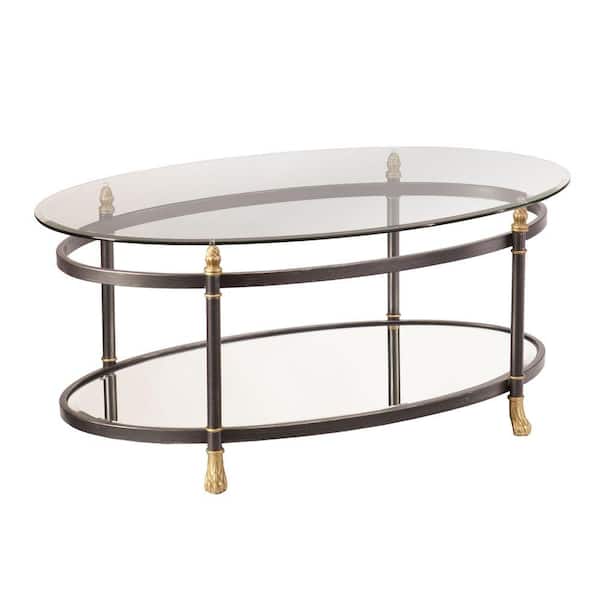 Southern Enterprises Dorothy 42 in. Dark Gray/Silver/Gold Large Oval Glass Coffee Table with Shelf