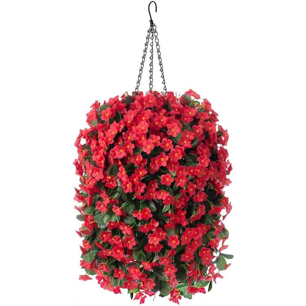 19.7 in. Red Outdoor Artificial Flowers Orchid in Brown Hanging Basket