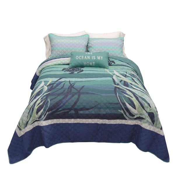 DONNA SHARP Summer Surf 3-Piece Blue Cotton Queen Quilt Set