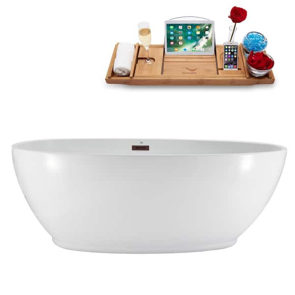 Streamline 63 in. x 32 in. Acrylic Freestanding Soaking Bathtub in Glossy White With Matte Oil Rubbed Bronze Drain