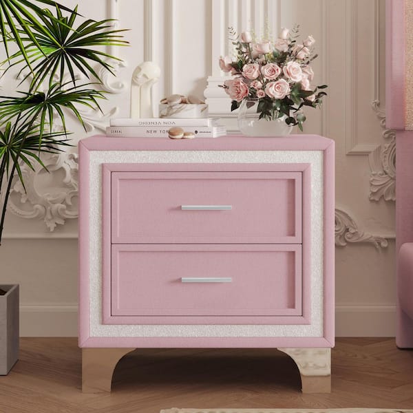 Pink 2 Drawers 15.90 in. W Nightstand with Silver Glitter Strip Decor, Fully Assembled Except Legs and Handles