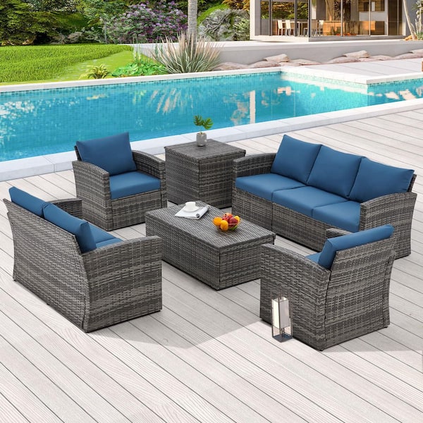 Sudzendf 7-Piece Wicker Outdoor Sectional Set with Blue Cushions, Rattan Patio Conversation Sofa Set for Garden, Backyard