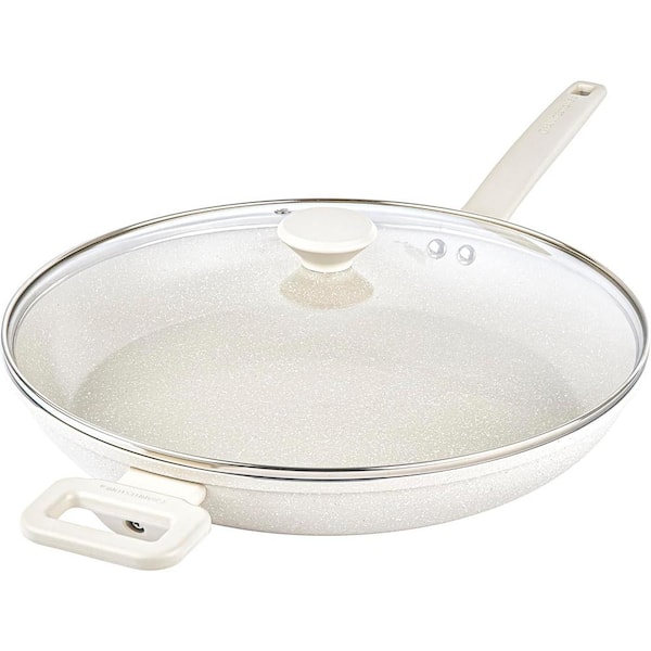 GRANITESTONE Desert Collection 14 in. Aluminum Nonstick Family Sized XL Frying Pan with Lid in Speckled Beige