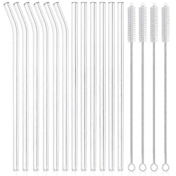 8.5 in. Disposable Glass Straws Set with 4 Cleaning Brushes for Smoothies, Milkshakes, Juice, Tea, Clear (16-Pack)