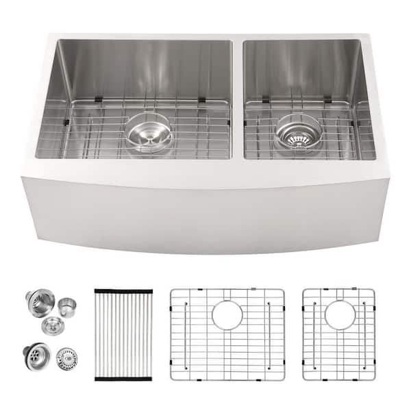 33 in. Farmhouse Apron-Front Sink Double Bowl 60/40 16-Gauge Brushed Stainless Steel Kitchen Sink