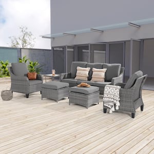 6-Piece Patio Outdoor Conversation Set with Thickening Ottomans Side Table, Gray Cushion