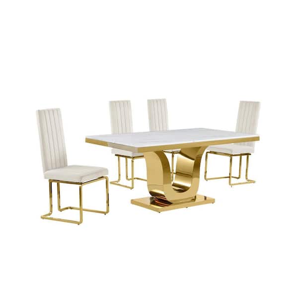 5-piece dining set with white marble top and gold base.