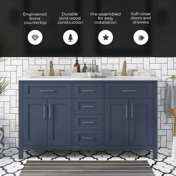 OVE Decors Tahoe 72-in Midnight Blue Undermount Double Sink Bathroom Vanity with White Engineered Stone Top OVE Decors Tahoe 72-in Midnight Blue Undermount Double Sink Bathroom Vanity with White Engineered Stone Top