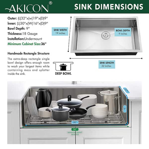 Akicon AK-WS321909R10 304 Stainless Steel 32 in. Single Bowl Undermount Workstation Kitchen Sink with Grid Board Colander Drying Rack