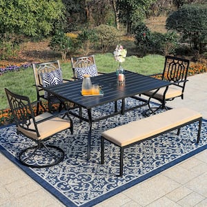 Black 6-Piece Metal Patio Outdoor Dining Set with Slat Rectangle Table and Fashion Chairs with Beige Cushion