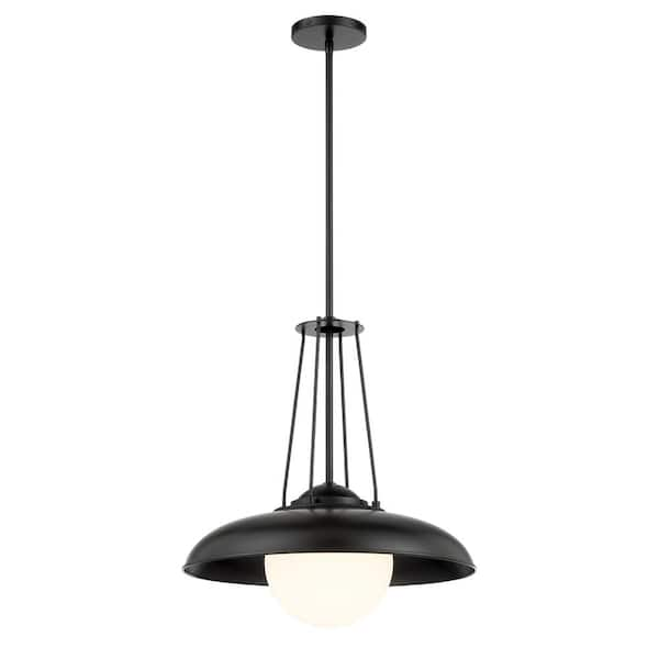 Minka Lavery Schooner Ridge 100-Watt 1-Light Black Shaded Pendant Light with Etched Opal Glass Shade