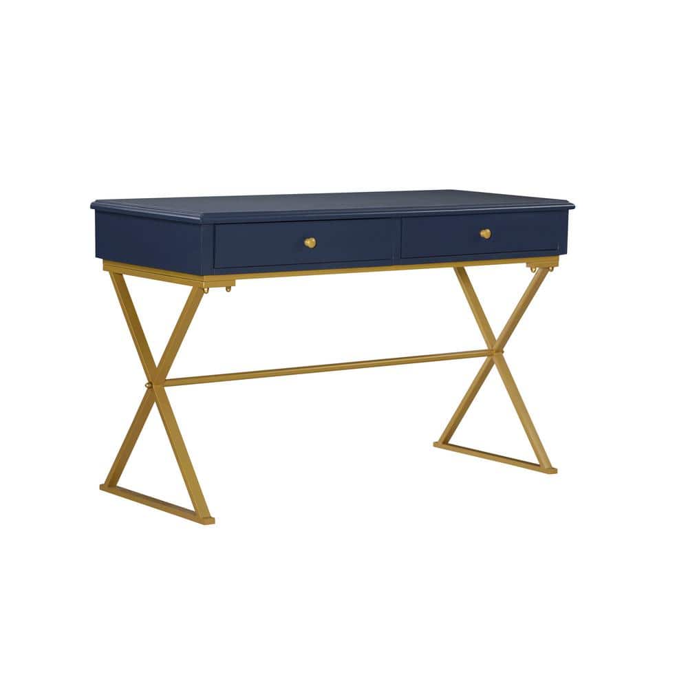 Becca 47.5 in. Rectangular Blue/Gold Wood 2-Drawer Desk with Storage