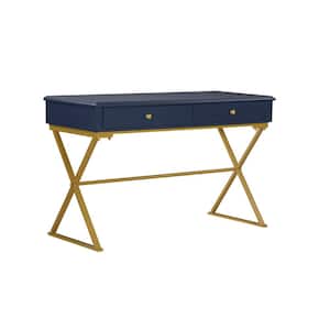 Becca 47.5 in. Rectangular Blue/Gold Wood 2-Drawer Desk with Storage