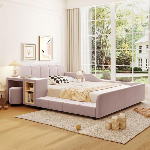 Pink Modern Luxury Wood Frame Full Size Soft Velvet Upholstered Platform Bed with Bedside Desk and Round Stool
