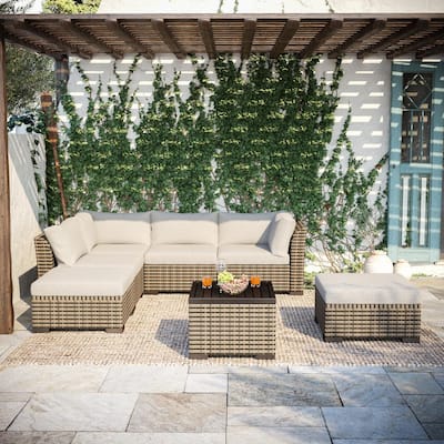 7-Piece Wicker Rattan Patio Outdoor Sofa Group with Beige Cushions