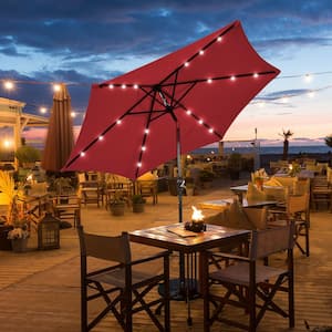 9 ft. Iron Market Solar Tilt Patio Umbrella in Burgundy with LED Lights