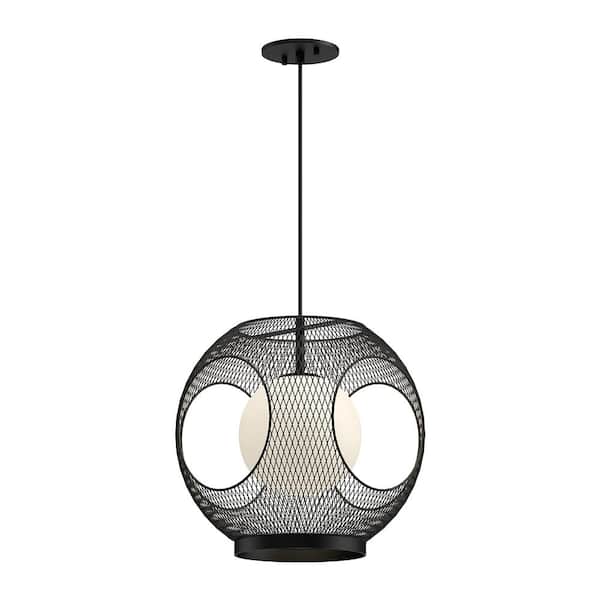 KUZCO Kona 13 in. 1-Light 60-Watt Black/Opal Glass Exterior Pendant