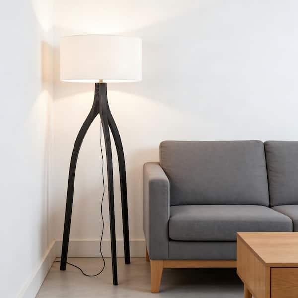 60.25 in. Black Contemporary 1-Light Smart 1-Way (On/Off) Standard Floor Lamp for Living Room with Linen Drum Shade