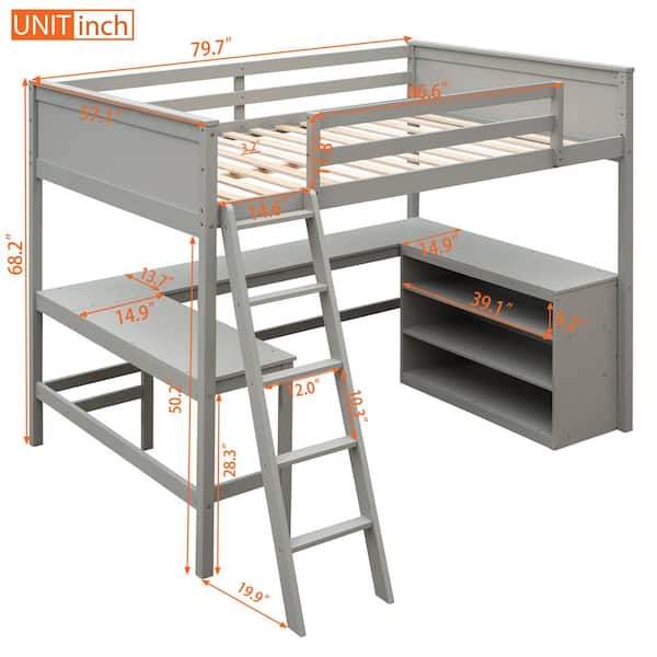 Full Size Loft Bed with Desk and Storage Shelves Bookcase Wood High Loft Bed Frame for Dorm Kids Teens Adults Gray