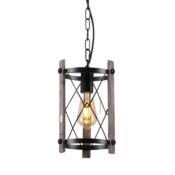 Unbranded 100 -Watt 1-Light Black and Brown Shaded Pendant Light with Wood Shade, No Bulbs Included