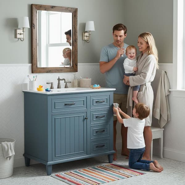 JUJABU 36 in. Freestanding Blue Bath Vanity with White Ceramic Top