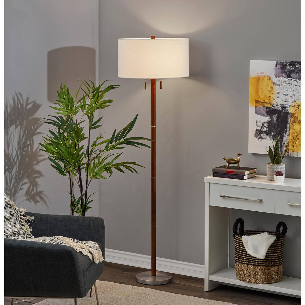 Madeline 66'' Walnut and Brushed Steel Floor Lamp with White Shade