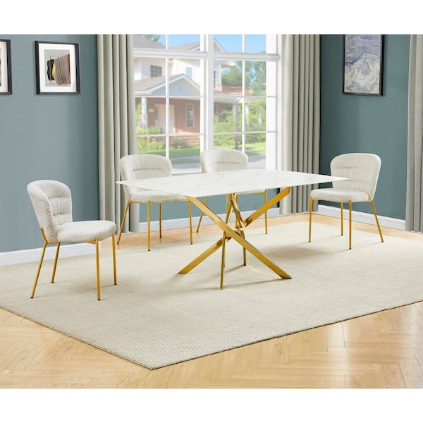 Best Quality Furniture Esteban 5-Piece White Marble Wrap Glass Top Gold Stainless Steel Base Dining Set with 4 Cream Chairs