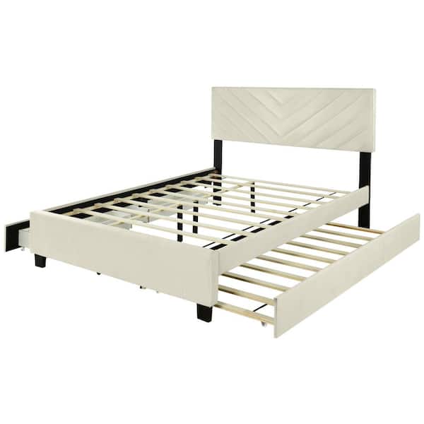 Nestfair Beige Wood Frame Queen Size Upholstered Platform Bed with Pullout Bed and 2 Drawers