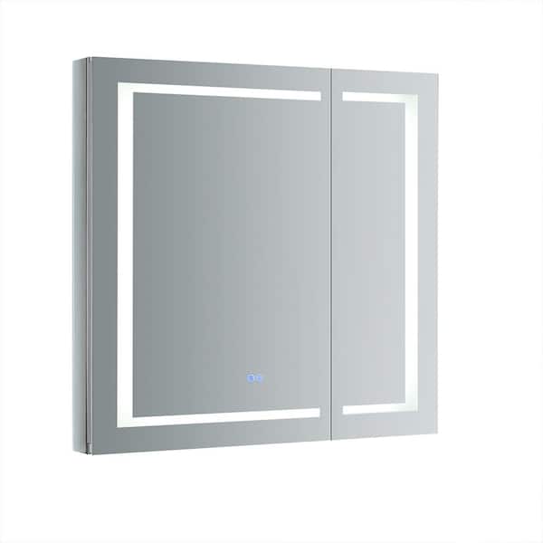 Spazio 30 in. W x 36 in. H Recessed or Surface Mount Medicine Cabinet with LED Lighting and Mirror Defogger Spazio 30 in. W x 36 in. H Recessed or Surface Mount Medicine Cabinet with LED Lighting and Mirror Defogger