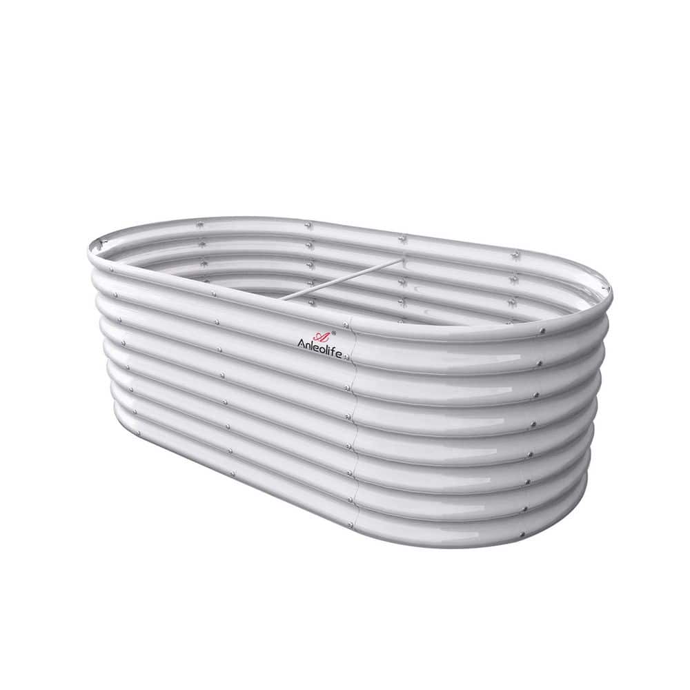 Zeus & Ruta 8 ft. x 4 ft. x 2 ft. Metal Oval Galvanized Raised Garden Bed for Vegetables and Flowers Outdoor in White WQD28-927