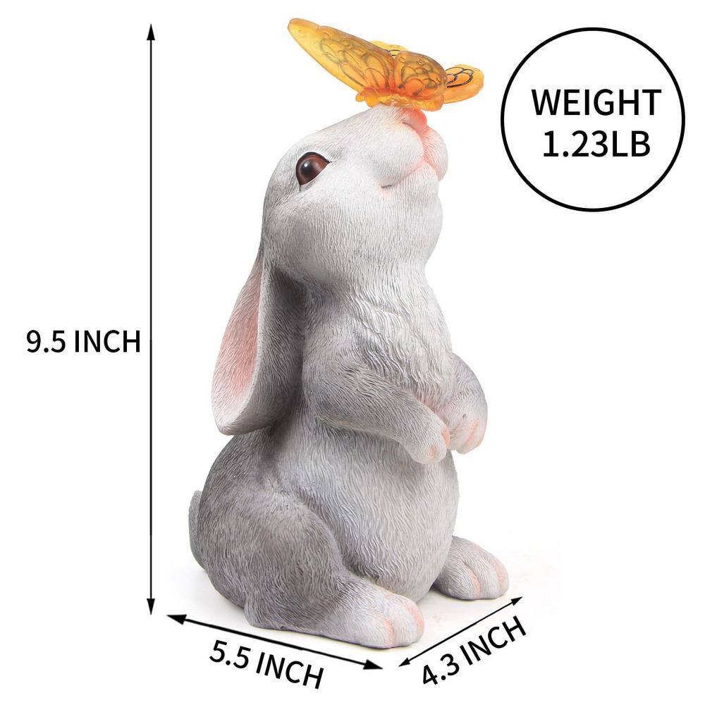 Gray Resin Rabbit with Solar Butterfly Garden Statue