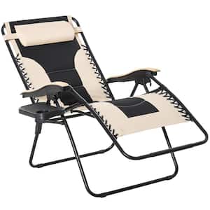 Beige Foldable Outdoor Metal Zero Gravity Lounge Chair with Headrest, Cup Holders, Armrests